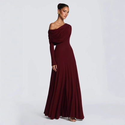 Damen Langarm-Maxikleid Asymmetrisch Drapierung Elegante Abendkleid