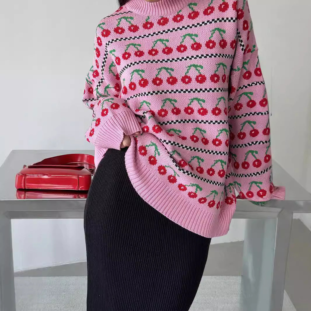 Damen Strickpullover Kirschmotiv Eveloria