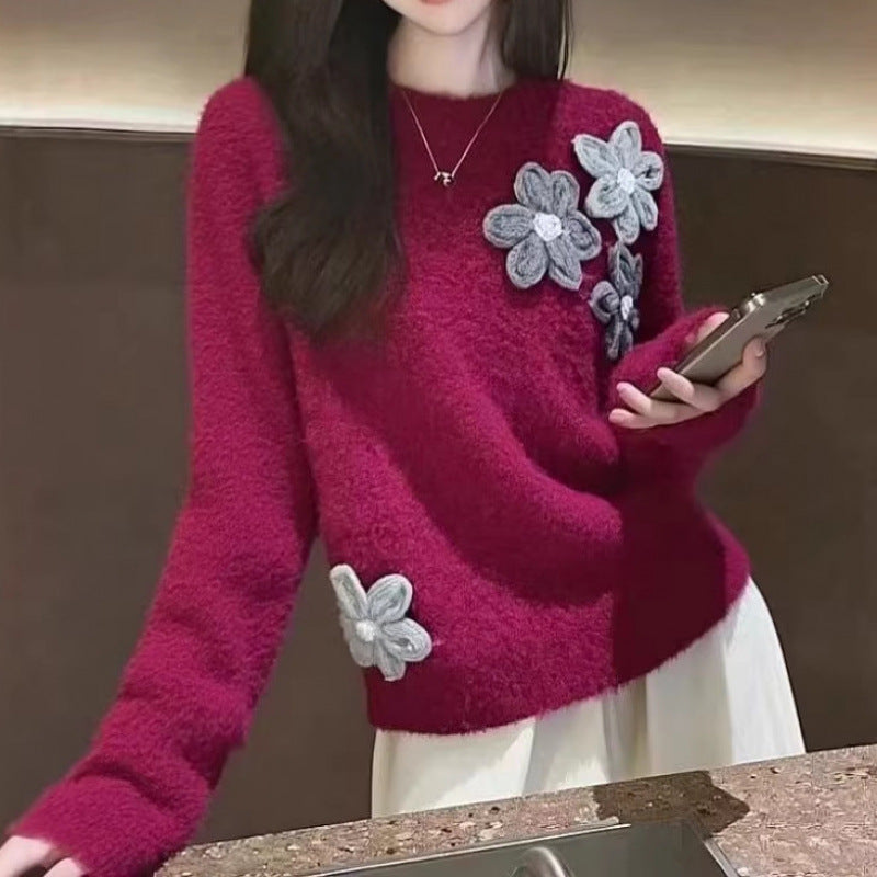 Damen Pullover Florales 3D-Design Kuschelig