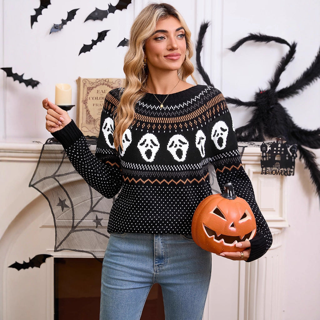 Damen Strickpullover Halloween-Motiv Gemustert