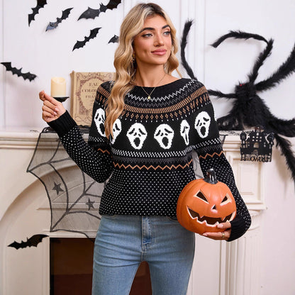 Damen Strickpullover Halloween-Motiv Gemustert