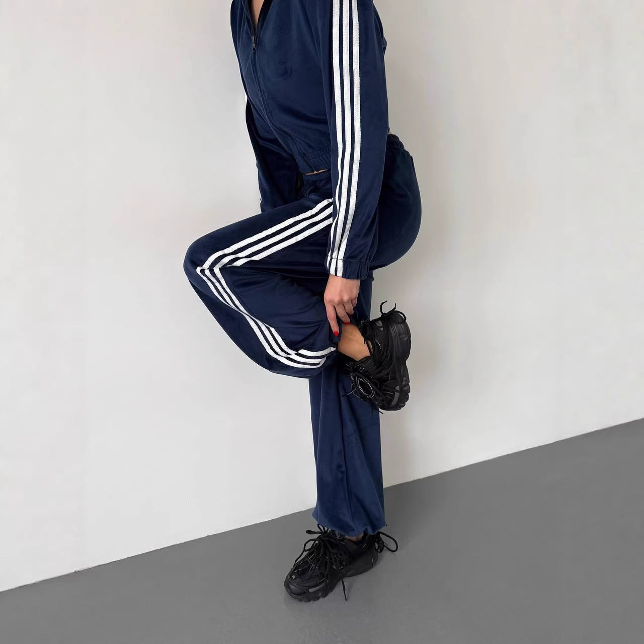 Damen Fleece Sportanzug Cropped Jacke Weite Hose
