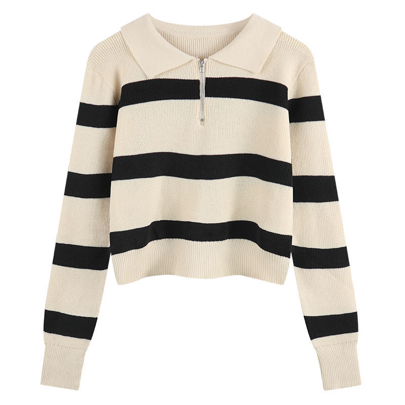 Damen Strickpullover Streifenmuster Reißverschluss