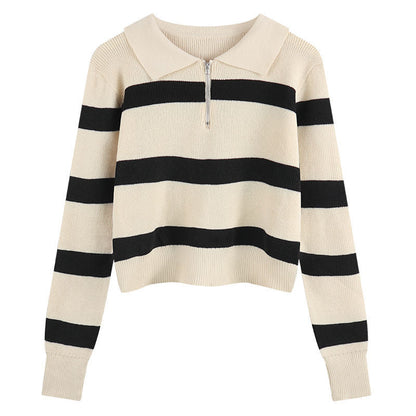 Damen Strickpullover Streifenmuster Reißverschluss