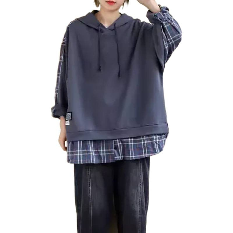 Damen Kapuzenpullover Karo Applikation Weich Innenfutter