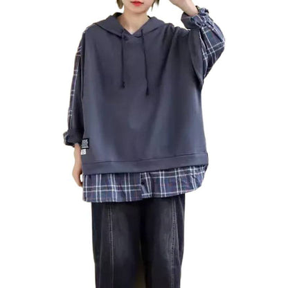 Damen Kapuzenpullover Karo Applikation Weich Innenfutter