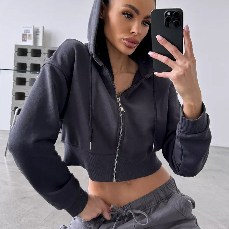 Damen Cropped Kapuzenpullover Lässiger Schnitt Mit Reißverschluss