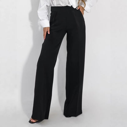 Damen Stoffhose Weites Bein Hochtaillierte Hosen Elegant Schwarz - Eveloria