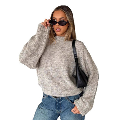 Damen Strickpullover Weich Rundkragen Lässig Beige