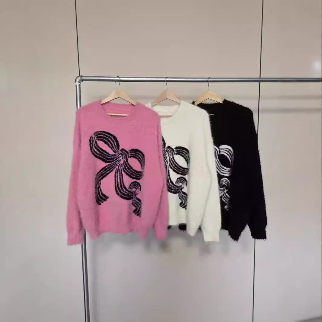 Damen Pullover Kuschelig Schleifenmuster Grau