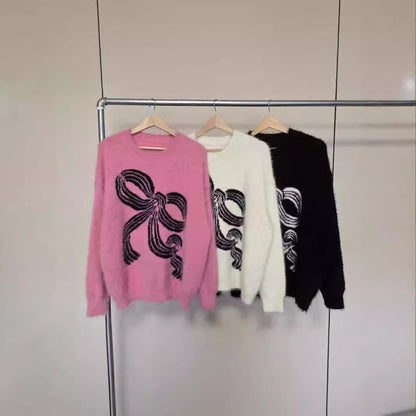 Damen Pullover Kuschelig Schleifenmuster Grau