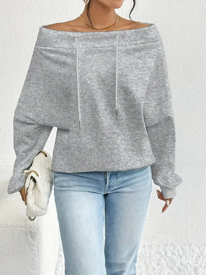 Damen Oversized Pullover Offener Kragen Kordelzüge Beige