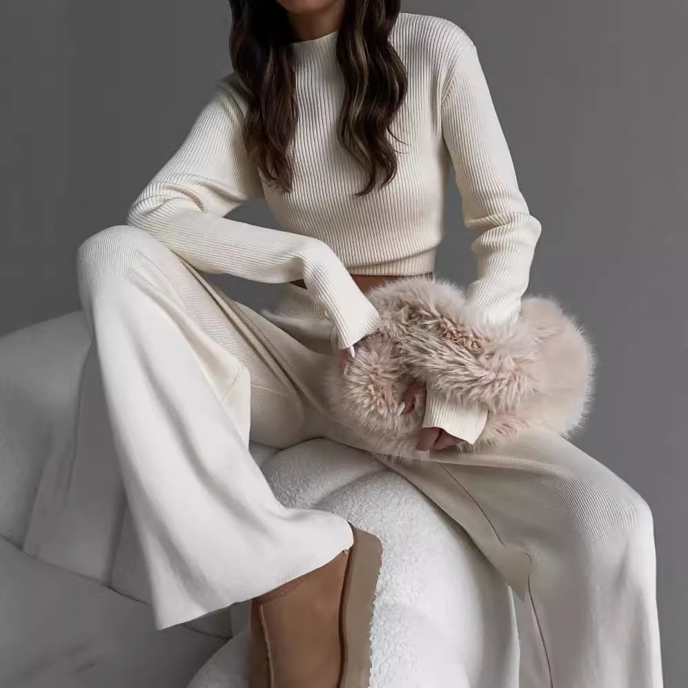 Damen Rippstrick Set Elastischer Bund Weites Bein Schwarz Eveloria - Eveloria