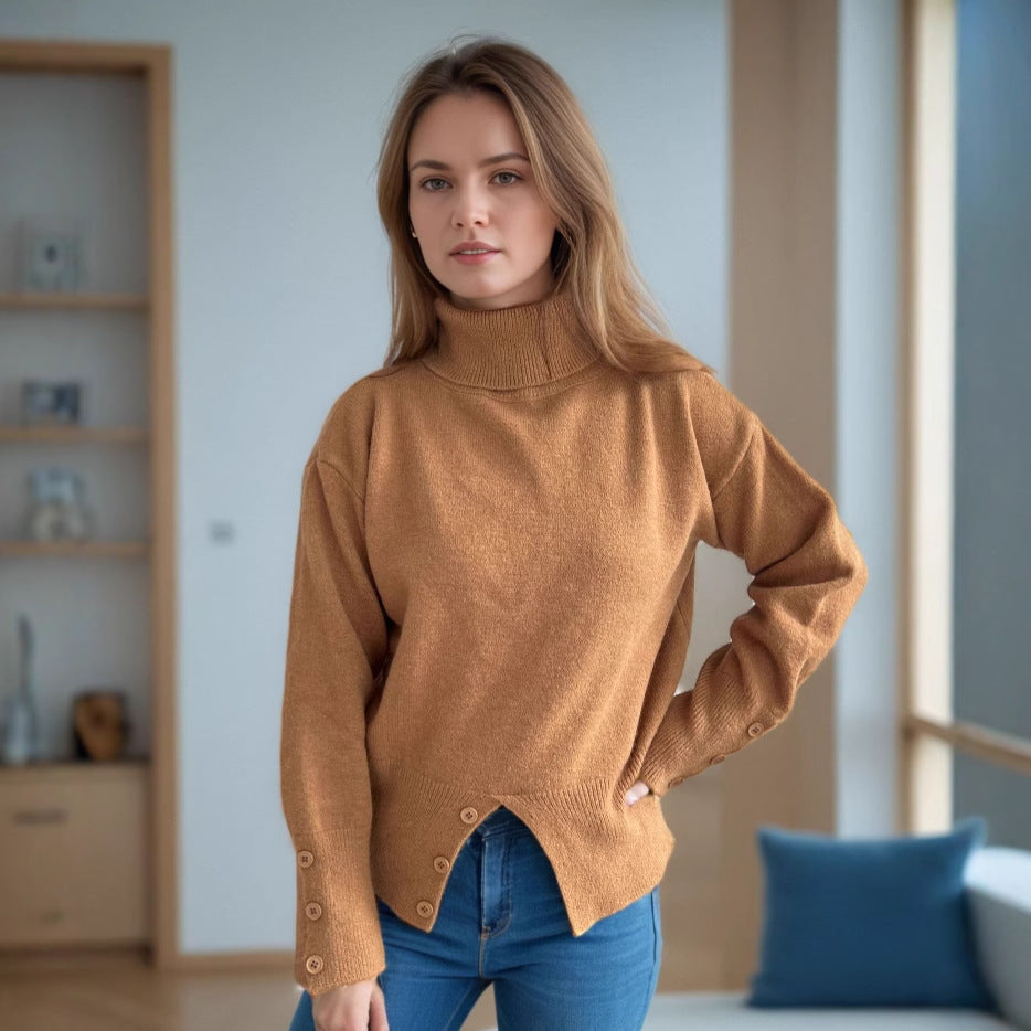 Damen Rollkragenpullover Knopfdetails Eveloria