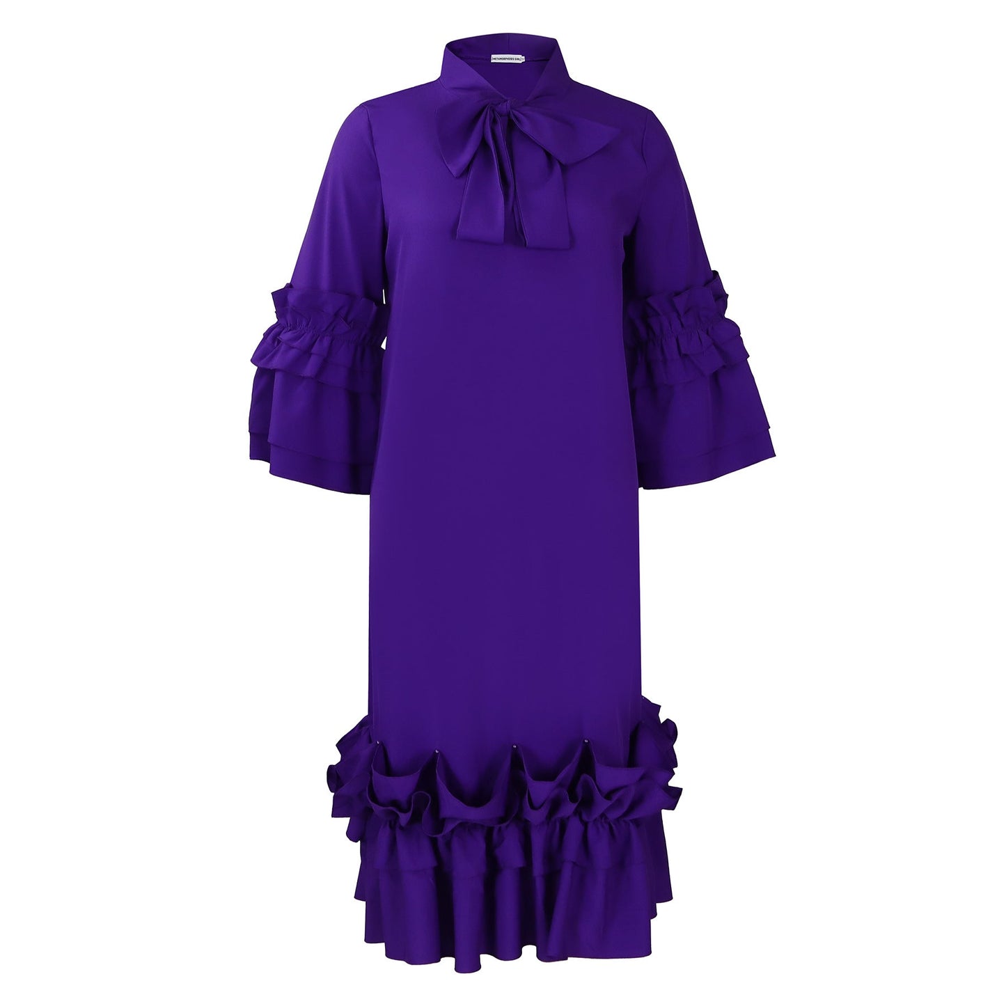 Damen Midi-Kleid Voluminöse Rüschenärmel Elegante Schleife