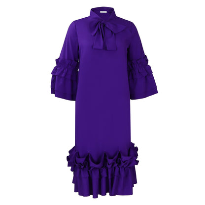 Damen Midi-Kleid Voluminöse Rüschenärmel Elegante Schleife