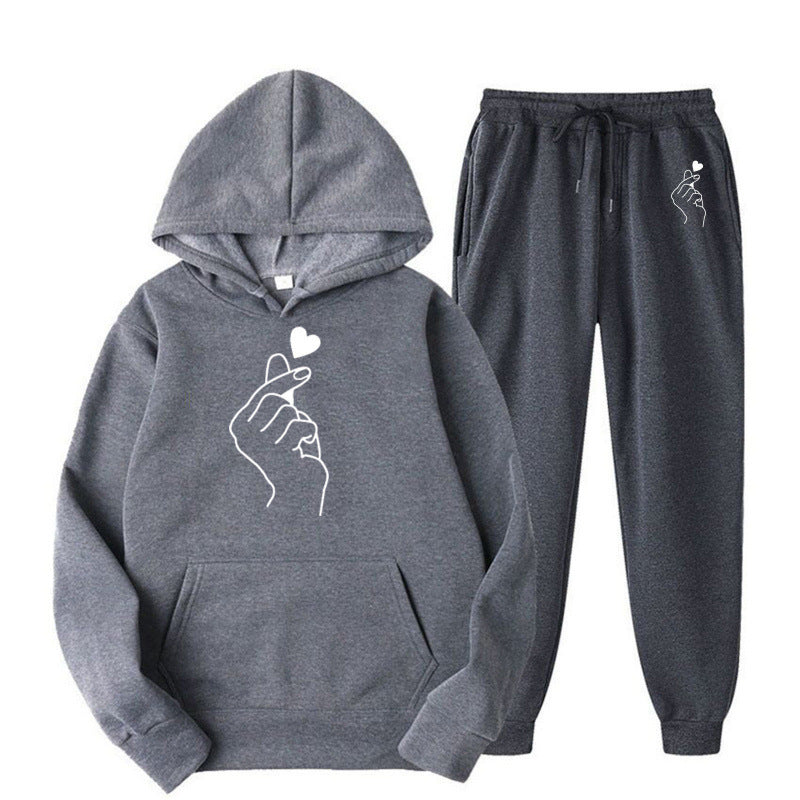 Damen Jogginganzug Bequem Herzmotiv Grau Eveloria