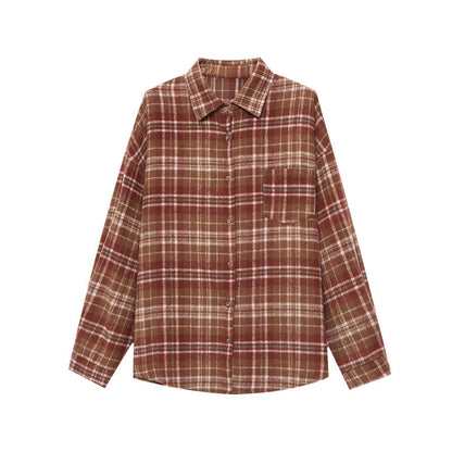Damen Karo-Hemdjacke Lässiger Schnitt Baumwolle Praktische Taschen