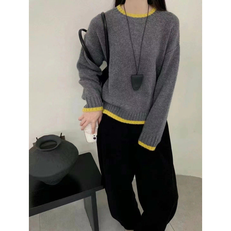 Damen Strickpullover Weich Kontrastbündchen