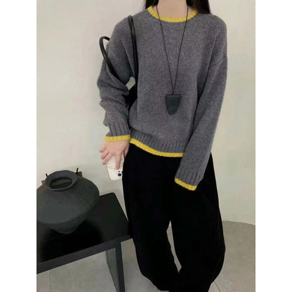 Damen Strickpullover Weich Kontrastbündchen