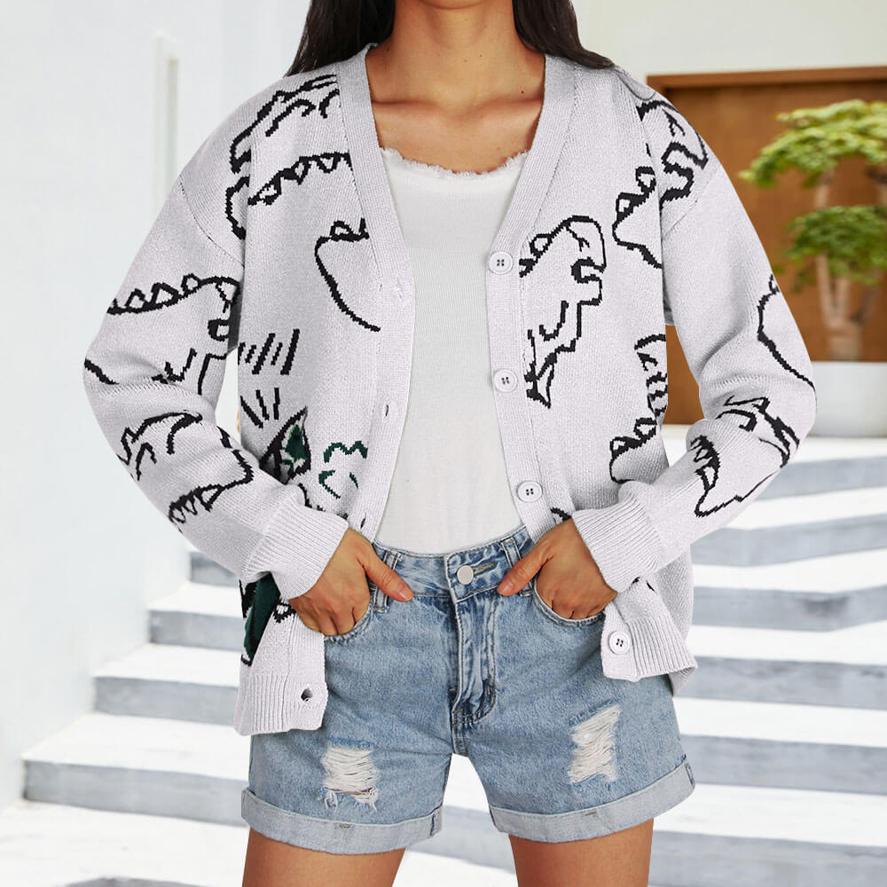 Damen Strickjacke Gemustert Dinosaurier Motiv Eveloria