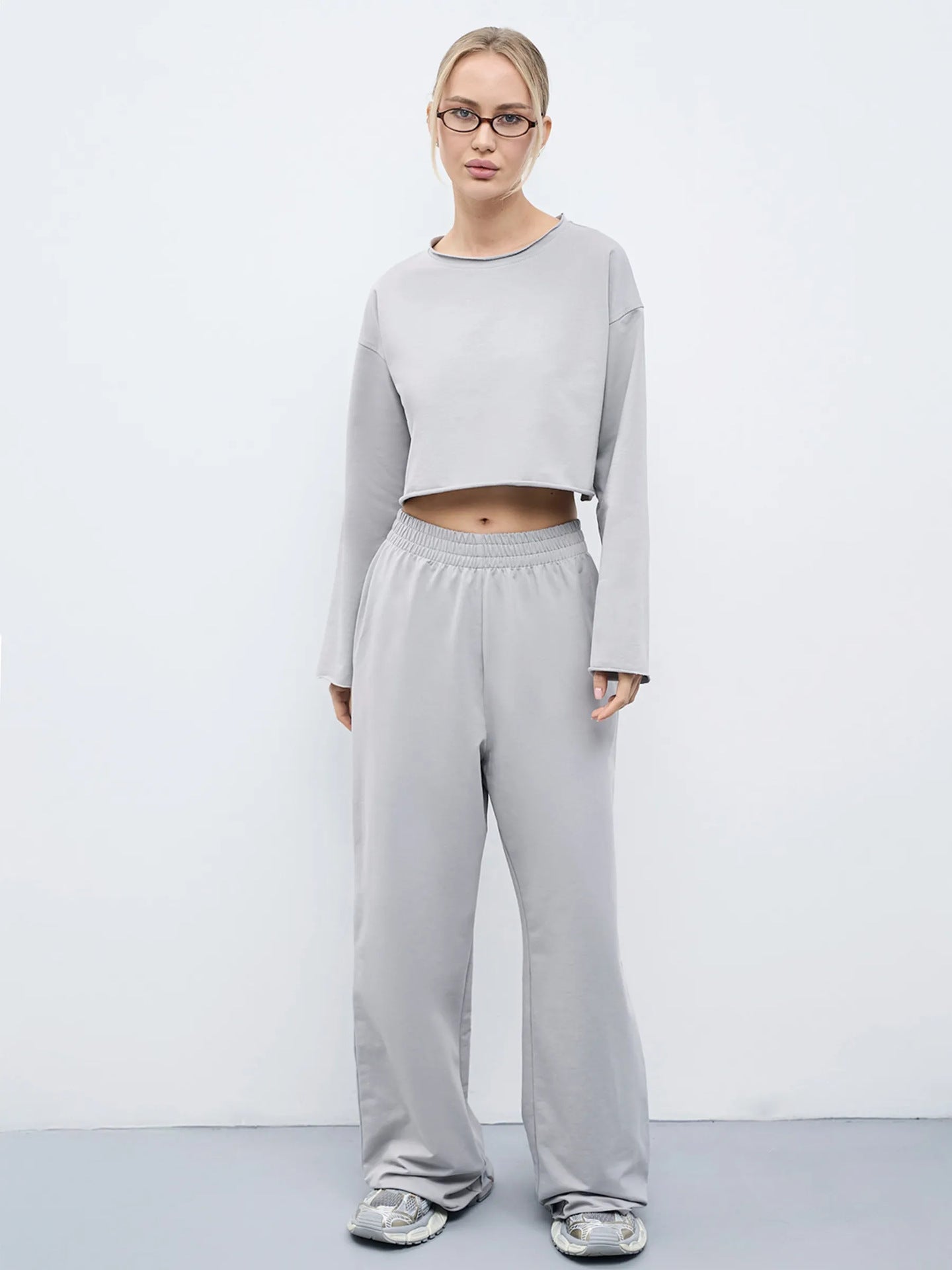 Damen Sweatshirt Set Komfortabel Cropped mit Jogginghose Grau