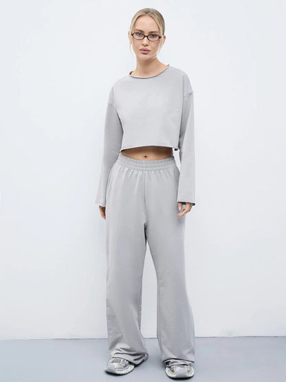 Damen Sweatshirt Set Komfortabel Cropped mit Jogginghose Grau