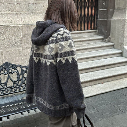 Damen Strickmantel mit Kapuze Traditionelle Muster Beige