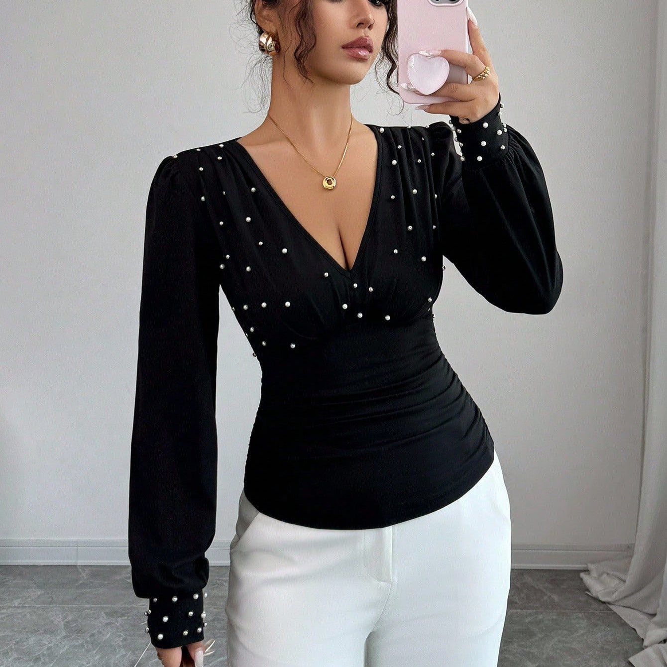 Damen Blusenshirt V-Ausschnitt Verzierung Eveloria - Eveloria