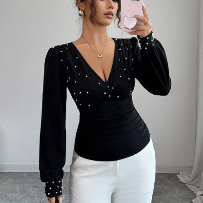 Damen Blusenshirt V-Ausschnitt Verzierung Eveloria - Eveloria