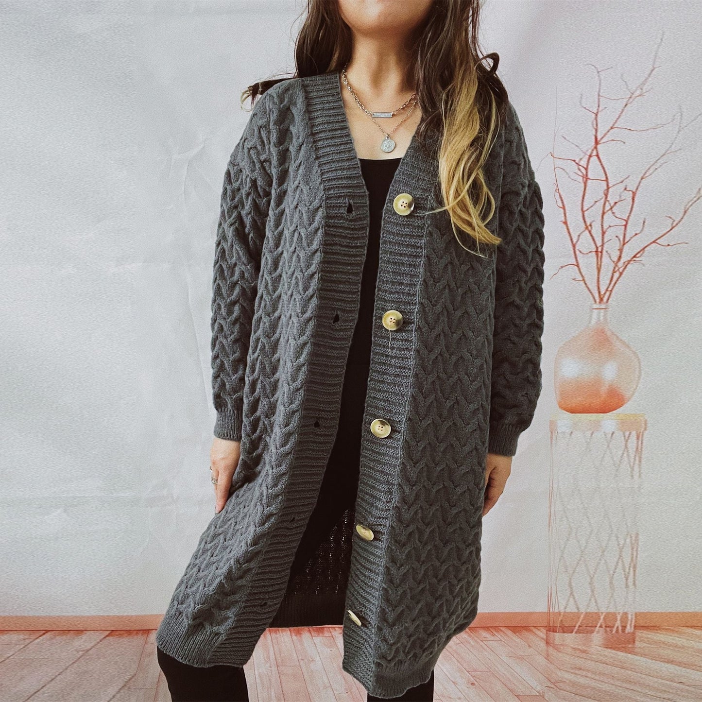 Damen Strickjacke Zopfmuster Große Knöpfe Eveloria