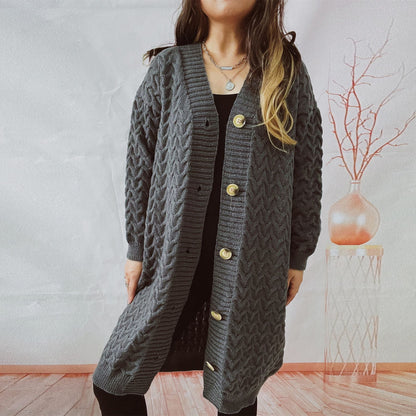 Damen Strickjacke Zopfmuster Große Knöpfe Eveloria
