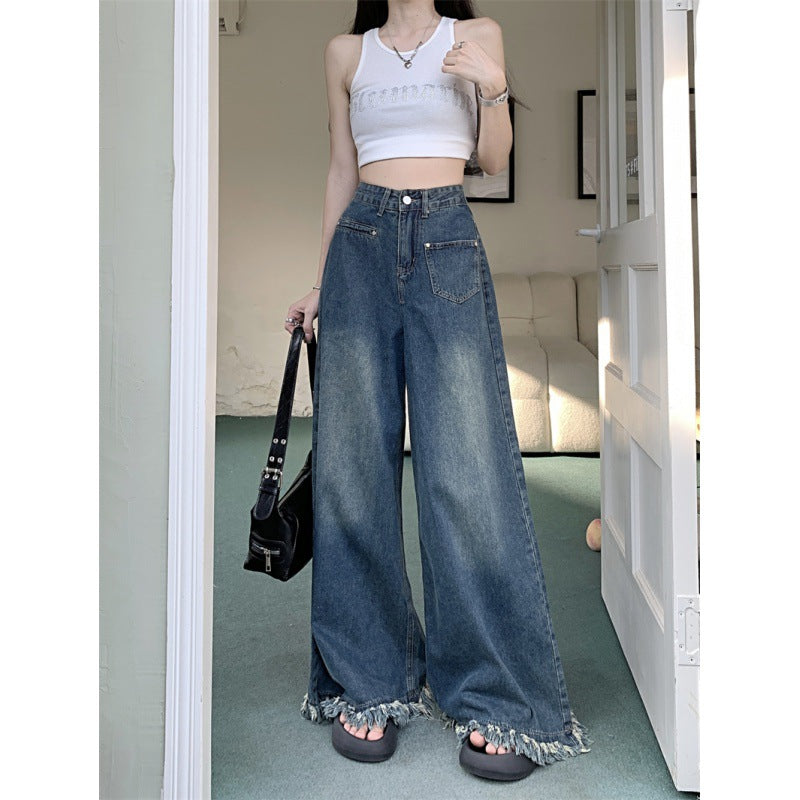 Damen Weite Jeanshose Fransiger Saum Eveloria