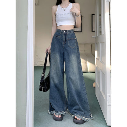 Damen Weite Jeanshose Fransiger Saum Eveloria