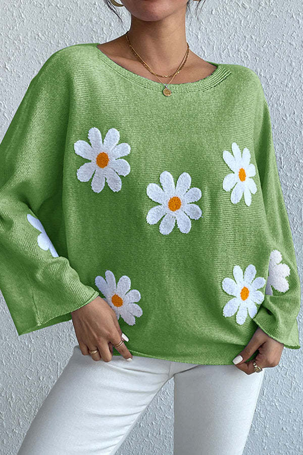 Damen Strickpullover Blumendesign Weit
