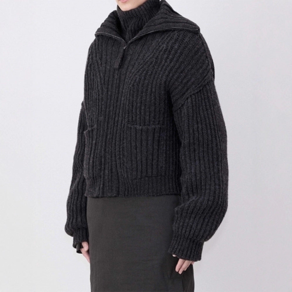 Damen Grobstrickpullover Hochkragen Mit Taschen Beige