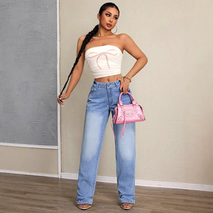 Damen Weite Jeans Hochbund Lässiger Schnitt Eveloria
