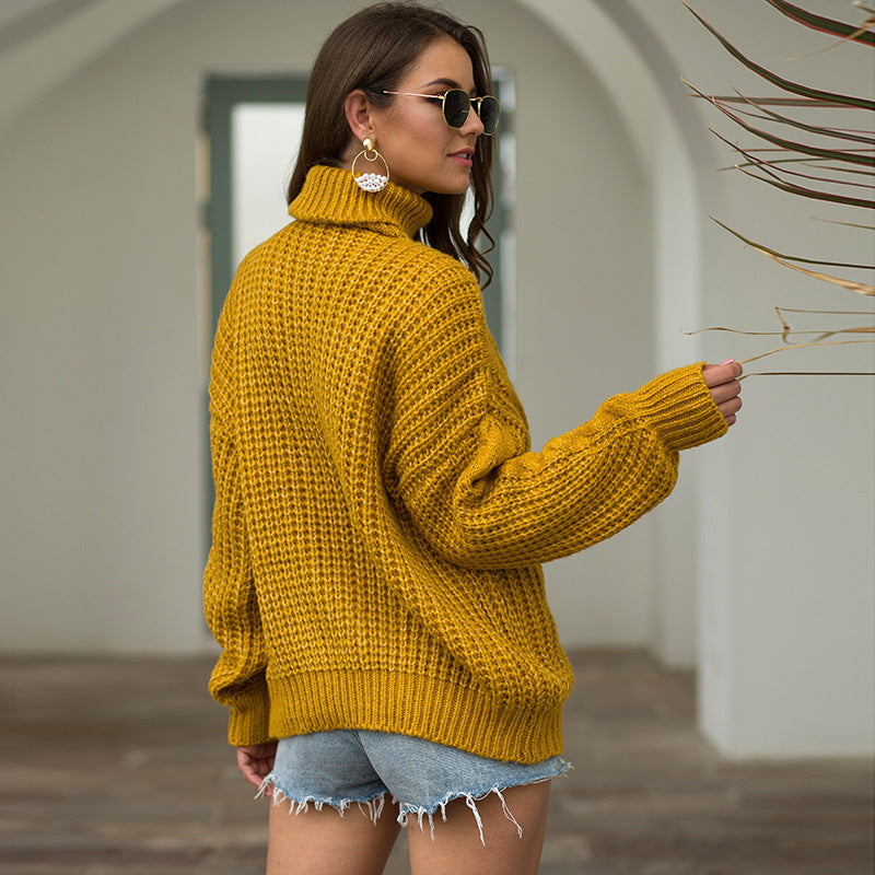 Damen Grobstrickpullover Rollkragen Zopfmuster