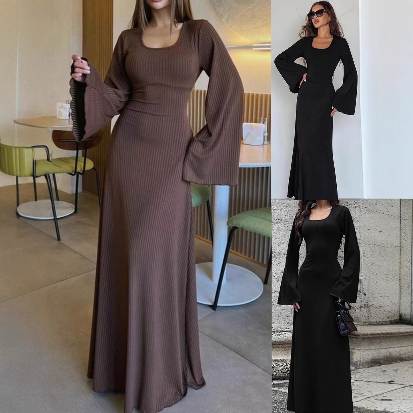 Damen Maxikleid Weit Ärmel Elegant Schwarz Eveloria - Eveloria