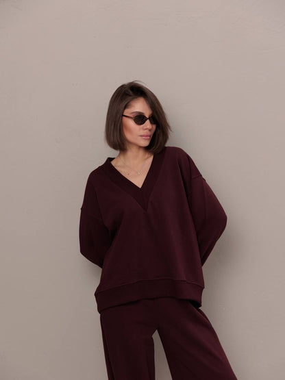 Damen Oversized Sweatshirt V-Ausschnitt Länge Lang Ärmel Grau