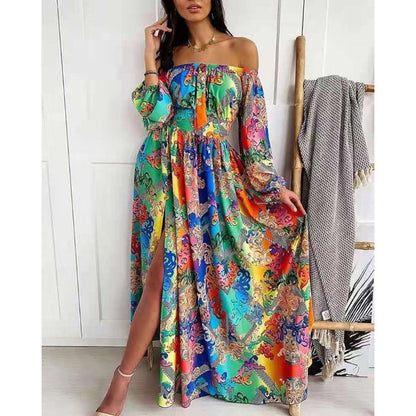 Damen Maxikleid Offene Schulter Barockmuster Eveloria