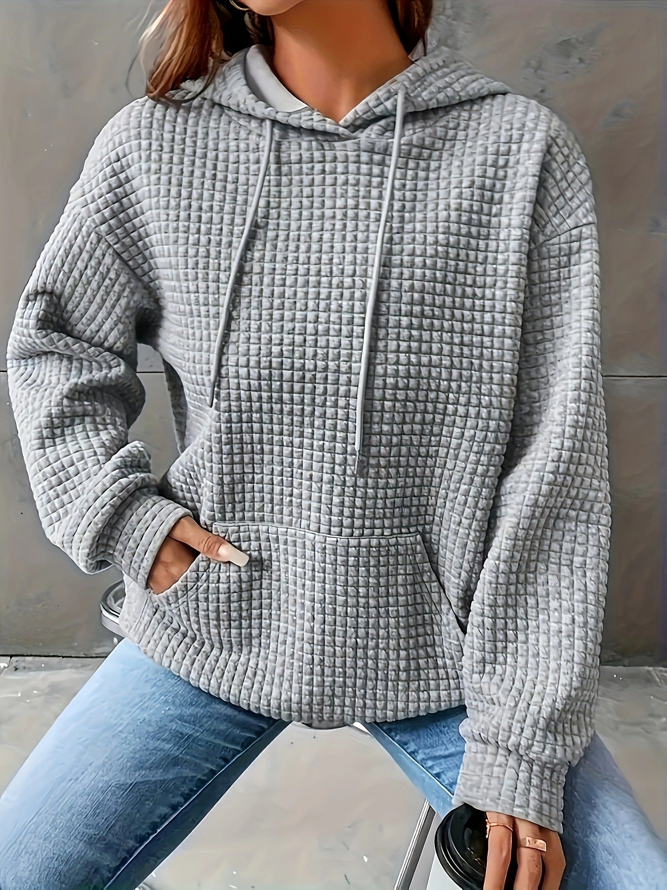 Damen Kapuzenpullover Strukturiertes Waffelmuster Mit Taschen