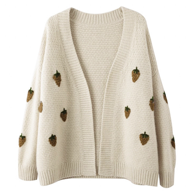 Damen Strickjacke Erdbeermuster