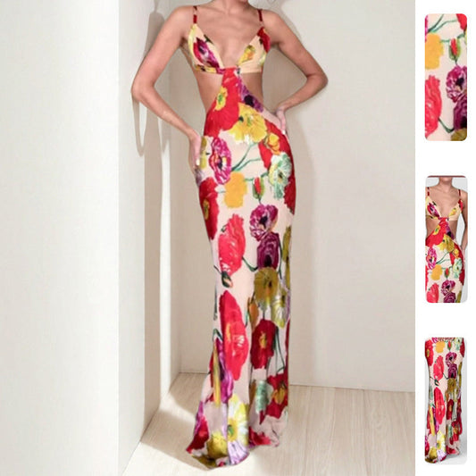Damen Maxikleid Floralmuster Cut-Out-Design Schwarz - Eveloria