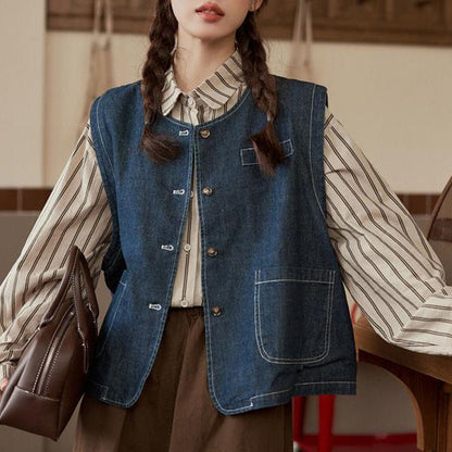 Damen Denimweste Mit Knopfverschluss Und Taschen Blau Eveloria