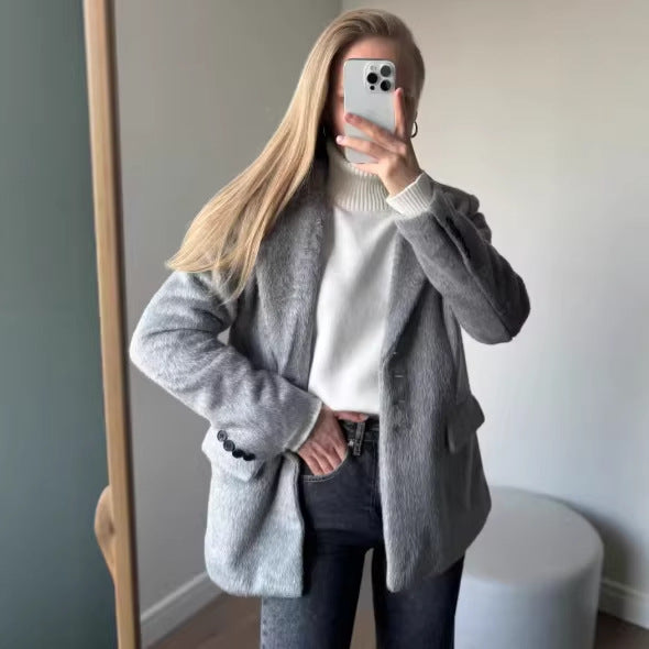 Damen Teddyblazer Elegante Knopfleiste Eveloria