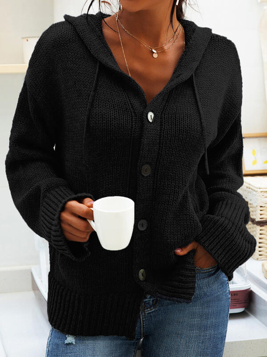 Damen Cardigan Grobstrick Kapuze Knöpfe Beige