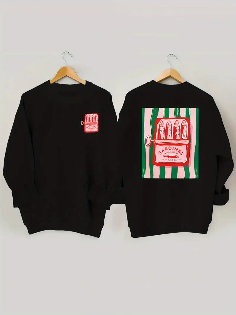 Damen Sweatshirt Sardinen-Grafik Lässig Grau Eveloria
