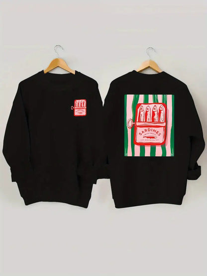 Damen Sweatshirt Sardinen-Grafik Lässig Grau Eveloria