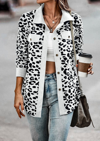 Damen Kordjacke Leo-Print Brusttaschen Eveloria